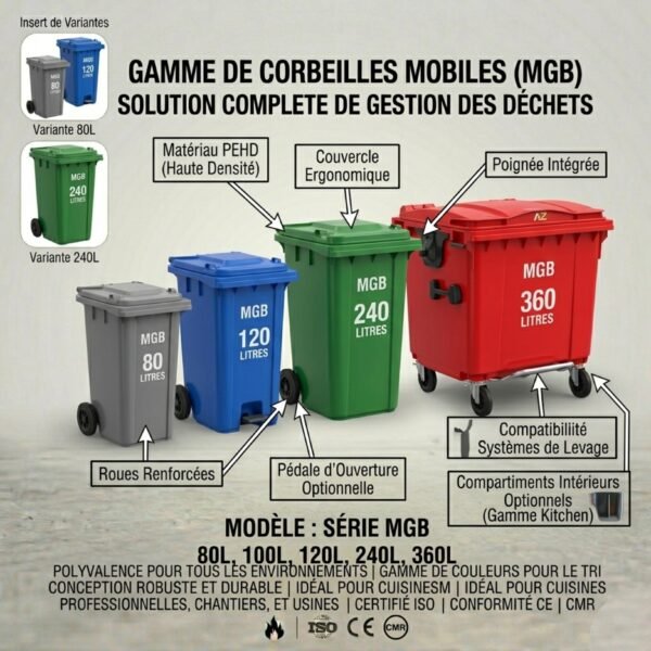 Corbeille mobile | Mgb | 80L, 100L, 120L, 240L, 360L | Corbeille | Corbeille à ordures | Poubelle pour cuisine