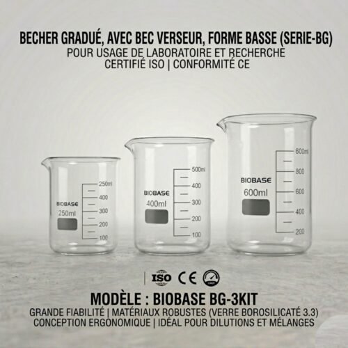 BECHER GRADUÉ, AVEC BEC VERSEUR, FORME BASSE