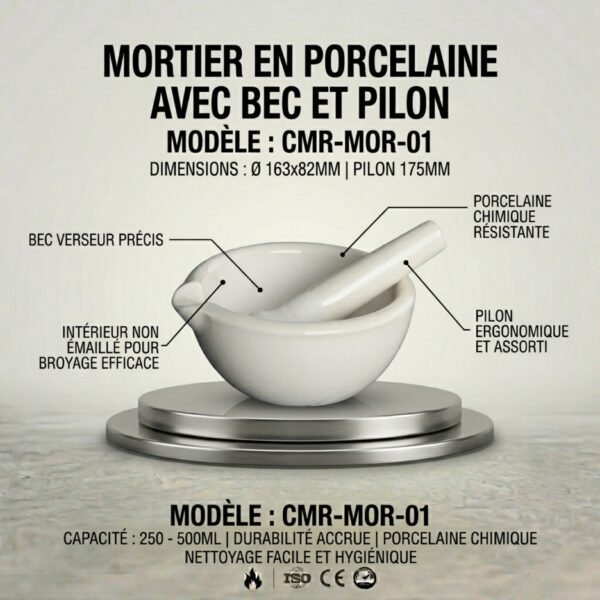 MORTIER PORCELAINE A BEC 250 ; 500ML D.163X82MM PILON 175MM
