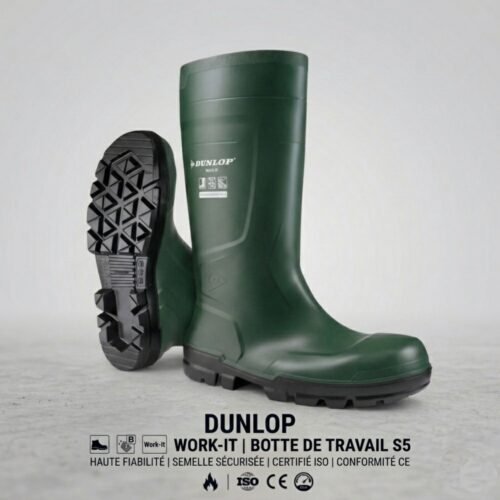 Botte de pluie haute en PVC de sécurité verte. Dunlop® (S5 SR LO LG)