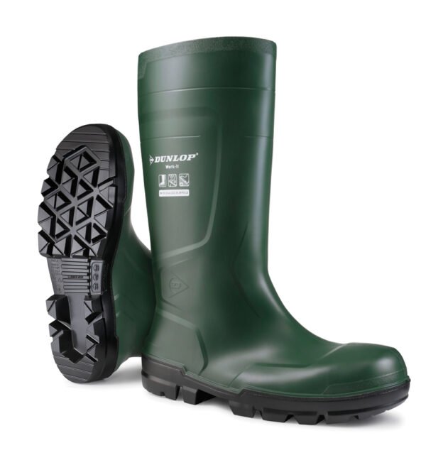 Botte de pluie haute en PVC de sécurité verte. Dunlop® (S5 SR LO LG)